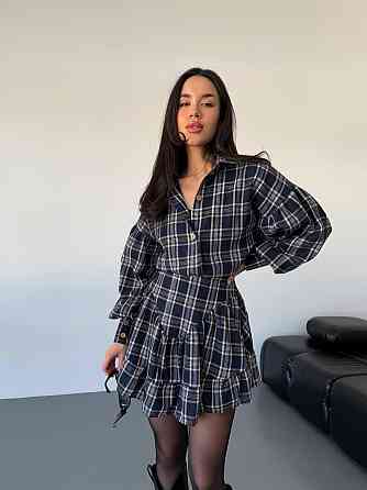 Жіночий стильний костюм-двійка: сорочка та спідниця в карту тіар Темно-синій, 46/48 Одеса