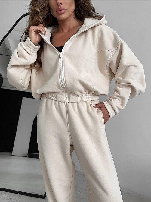 Жіночий стиглий повсякденний теплий костюм тринитка на флісі Молочний, 46/48 Одеса - фото 1