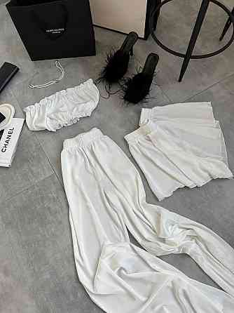 Женская пижама тройка: топ шорты и брюки из шелка армани Молочный, 44/46 Одесса