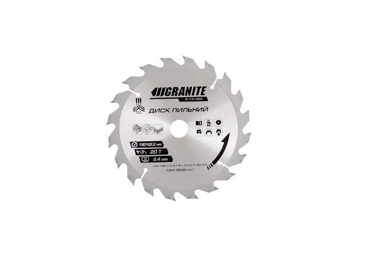 Диск пильный GRANITE для дерева с твердосплавными напайками 180х22.2х20Т адаптер 22.2-20 8400 об/мин 5-18-020 Ровно - изображение 1