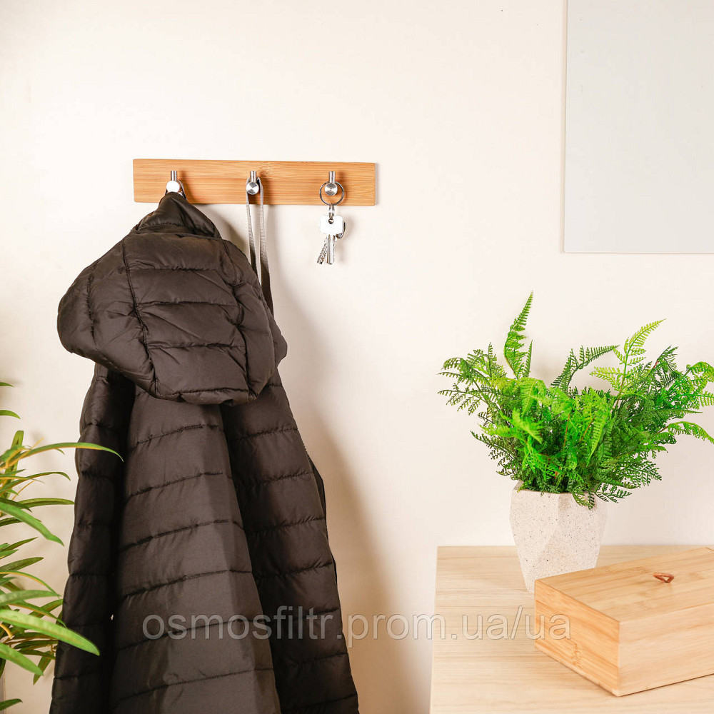 Планка Axentia Боня самоклеющаяся с 3 крючками 28х5х3см нерж бамбук (133846) Киев - изображение 3