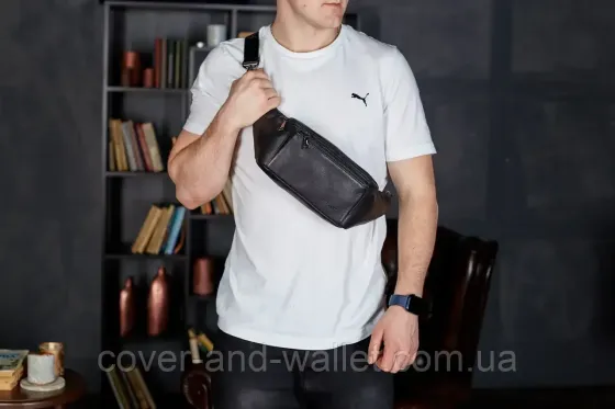 Стильна сумка-бананка із натуральної шкіри з відділенням для телефону Puos (чорна) Київ