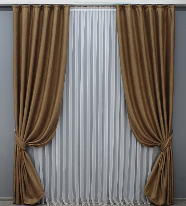 Комплект готовых штор VR-Textil Лен рогожка № 1426ш Светло-коричневый 150х270 см 2 шт (33-0285) Киев - изображение 2