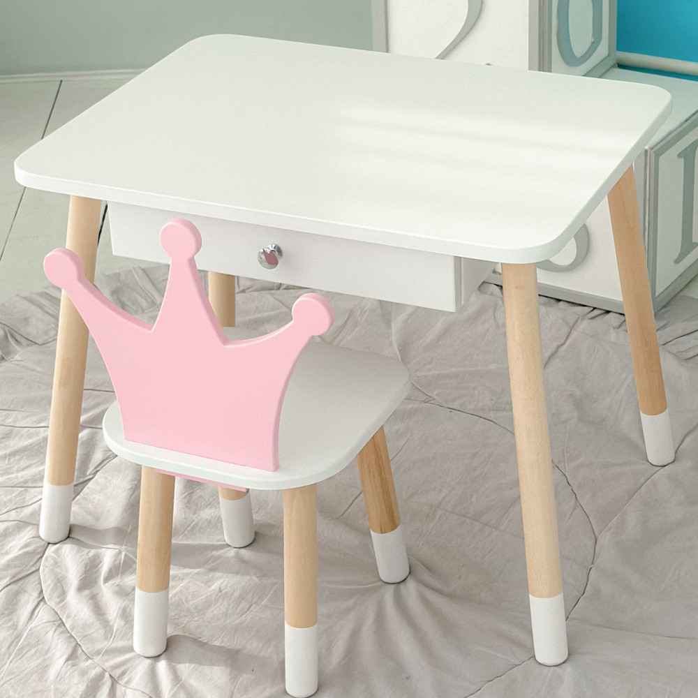 Детский столик белый и стульчик корона бело- розовый. Столик с ящиком для карандашей и разукрашек 56787 Каменское - изображение 1