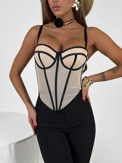 Женский стильный романтичный корсет легкая сетка + атласные вставки Кремовый, 44 Одесса - изображение 1