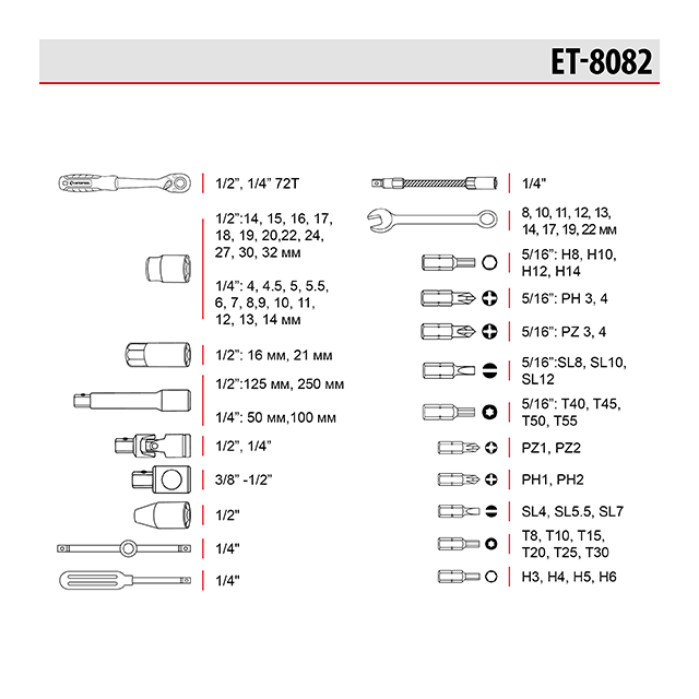 Набір інструментів INTERTOOL 1/2 "& 1/4", 82од., Cr-V STORM - набір з ключами, подовжувачами і бітами Львів - фото 9