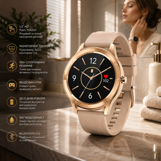 Смарт-часы Fire-Boltt 360 SpO2, 1,3″ HD Full Touch, Bluetooth, пульс, кислород SpO2, игры, до 8 дней, IP67, золотистые Киев