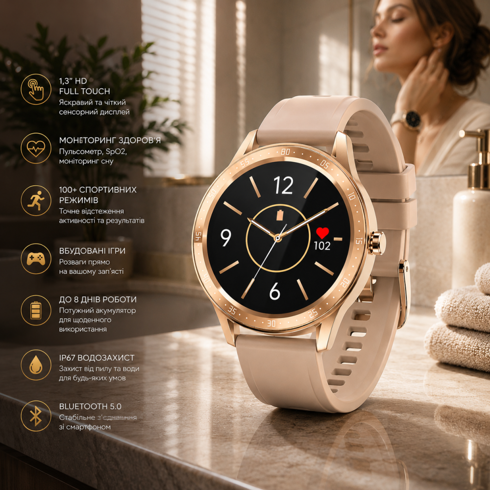 Смарт-часы Fire-Boltt 360 SpO2, 1,3″ HD Full Touch, Bluetooth, пульс, кислород SpO2, игры, до 8 дней, IP67, золотистые Киев - изображение 1