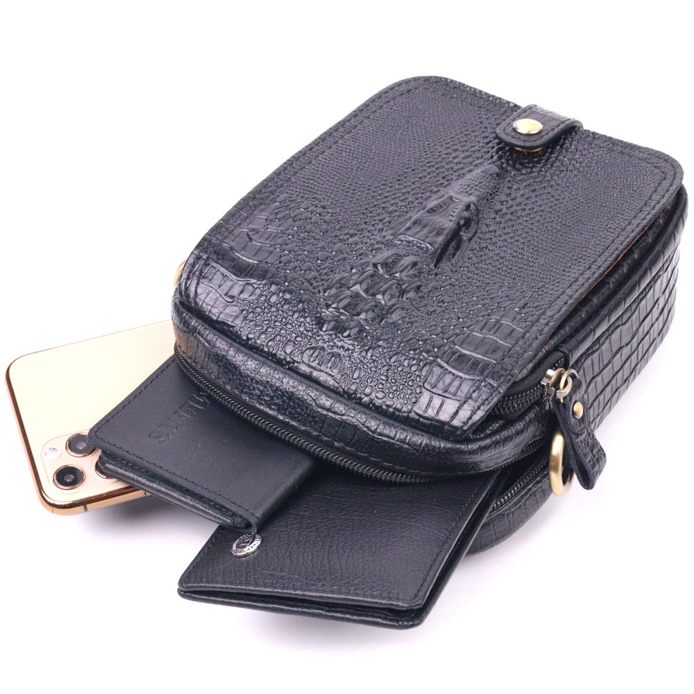 Невелика чоловіча сумка з натуральної шкіри з фактурою під крокодила 21299 Vintage Чорна Київ - фото 7