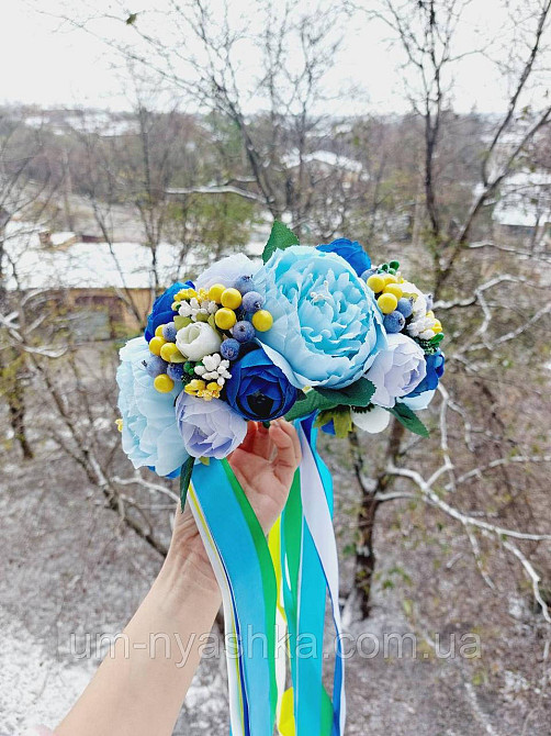 Ободок обруч з квітами "Піони великий синьо-блакитно-жовтий" Кривий Ріг - фото 3
