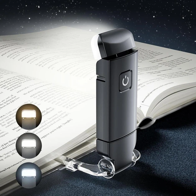 Акумуляторна LED лампа прищепка для читання USB, портативний ліхтарик для книги, 3 режими, чорна Київ - фото 3