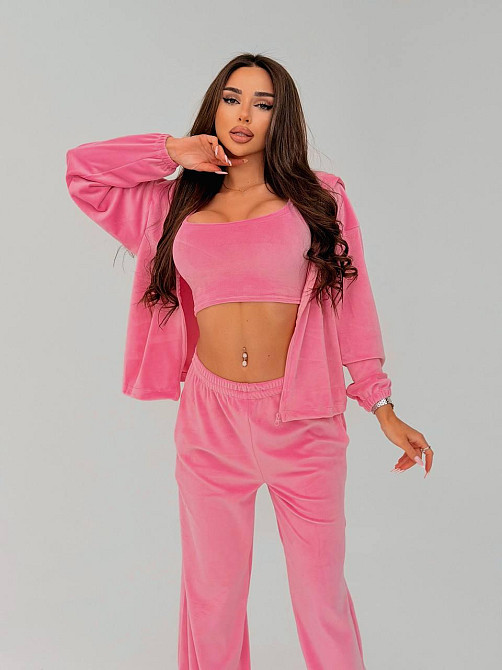 Жіночий стильний повсякденний велюровий костюм-трійка Рожевий, 46/48 Одеса - фото 8