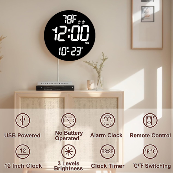 Уцінка Великий настінний LED годинник QINFIEY 12" White — Пульт ДК, термометр, таймер, 3 рівні яскравості Київ