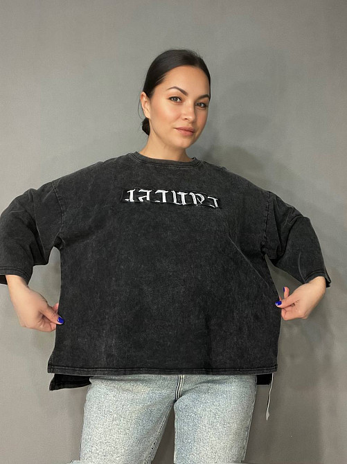 Футболка женская A-N 26029 оверсайз широкая вареная дай длинный рукав 3\4 с вышивкой впереди one siz Одесса - изображение 7