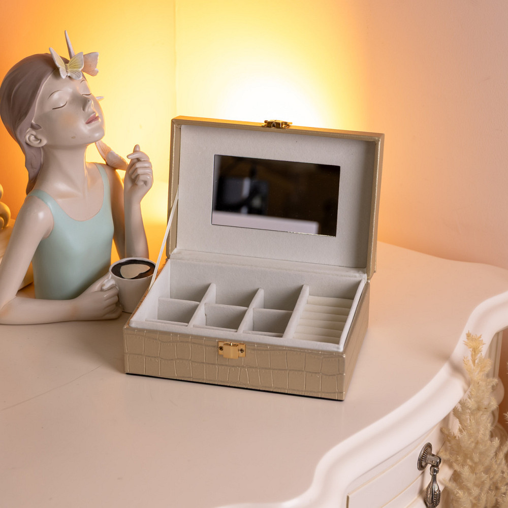 Скринька для прикрас з еко шкіри 10 відділень з дзеркалом 20×14×8 см Золотистий HP-5-19GOLD Коломыя - изображение 5