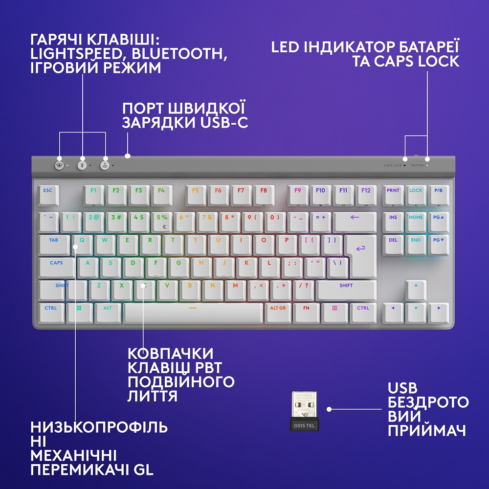 Клавіатура Logitech G515 LIGHTSPEED TKL Wireless Gaming White (920-012539) (6998421) Київ - фото 8