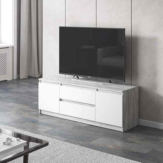 Тумба под телевизор VAYS, для гостиной, современная, 2 выдвижных ящика и две двери, без ручек R-28 Бетон-Белый фасад Львов