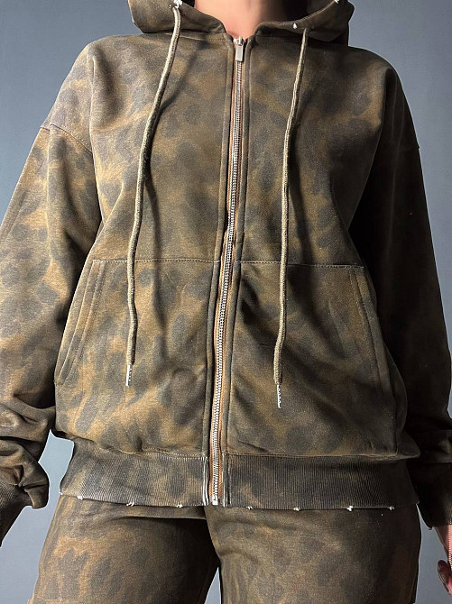 Костюм женский A-N 2749 леопардовый принт худи на молнии с капюшоном и брюки палаццо коричневый, коричневый, L Киев - изображение 8