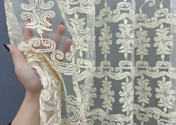 Тюль фатин с вышивкой Корд и люрексом Цвет молочный с золотистым 1851т Киев