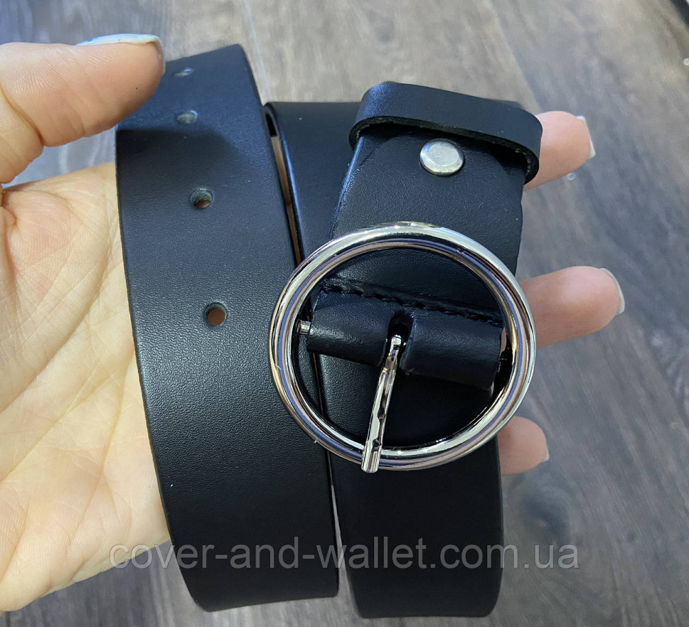 Жіночий ремінь з натуральної шкіри з круглою пряжкою чорного кольору 35мм PS Leather Київ - фото 7