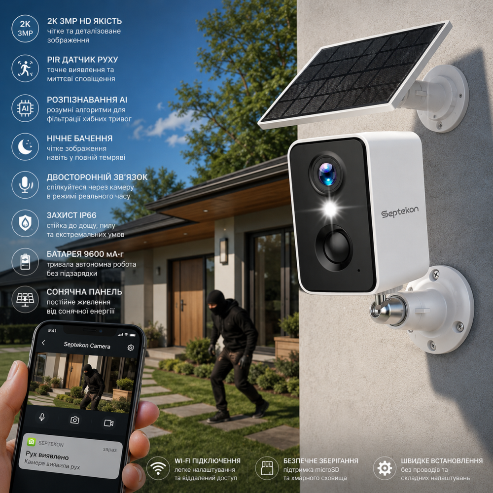 Бездротова Wi-Fi камера відеоспостереження Septekon 2K 3MP із сонячною панеллю, PIR, AI, IP66, нічне бачення, двосторонній зв'язок Київ - фото 7