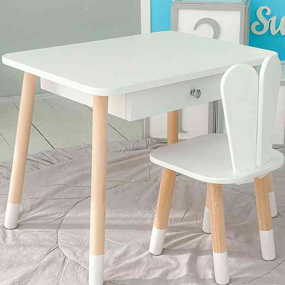 Детский столик и стульчик зайчик белый. Столик с ящиком для карандашей и разукрашек 73587 Киев