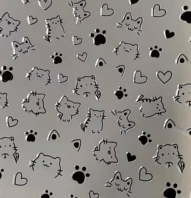 Наліпки на нігті котики чорно-білі 1 лист, слайдер дизайн для манікюру, наклейки лапки сердечка kawaii Київ - фото 1