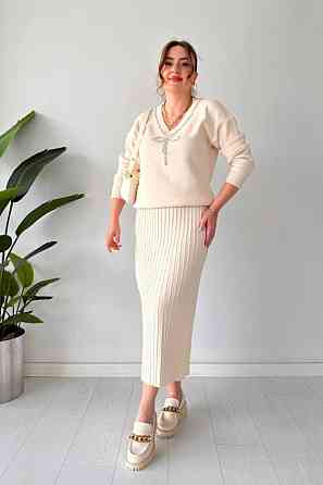 Женский теплый элегантный костюм: свитер и плиссированная юбка машинная вязка Одесса