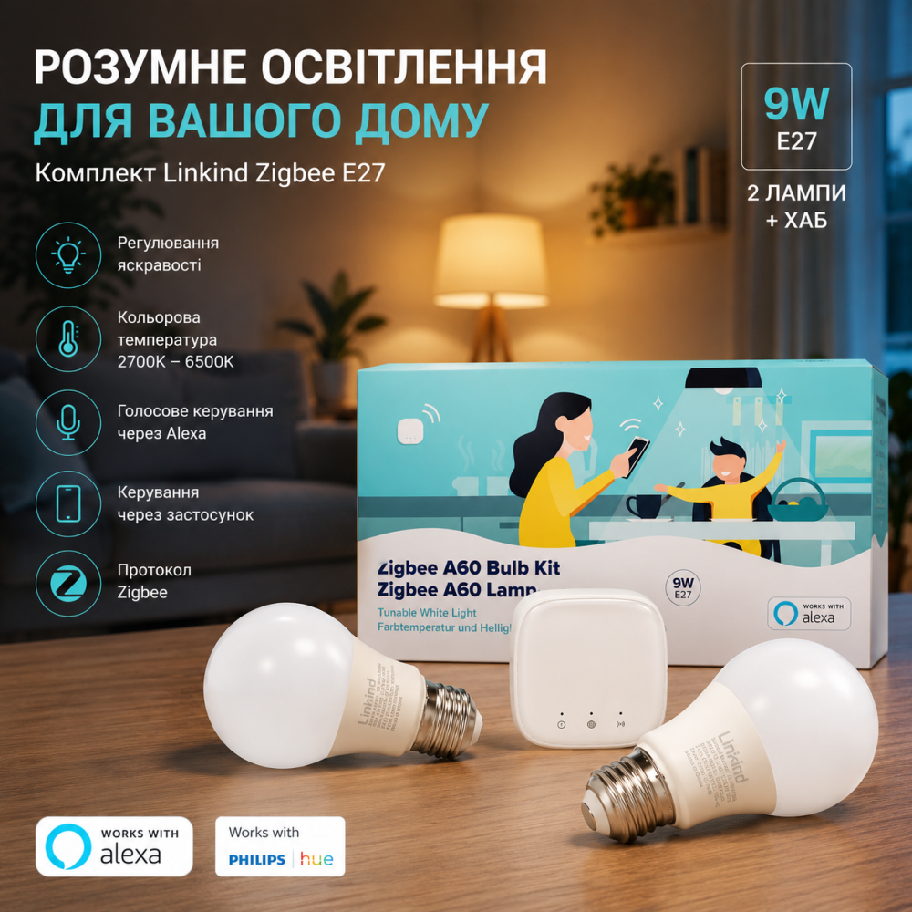 Комплект розумних LED ламп Linkind Zigbee E27 (9 Вт, 2 шт) з хабом: Smart-освітлення, Alexa/Hue, 2700-6500К Київ - фото 8