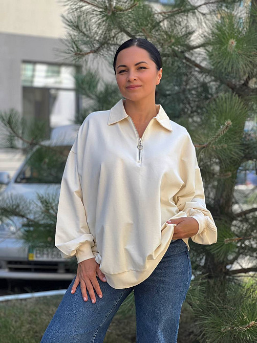 Свитшот женский MY CITY 8779 супер оверсайз свободный воротник молния one size, молочний, one size Киев - изображение 4