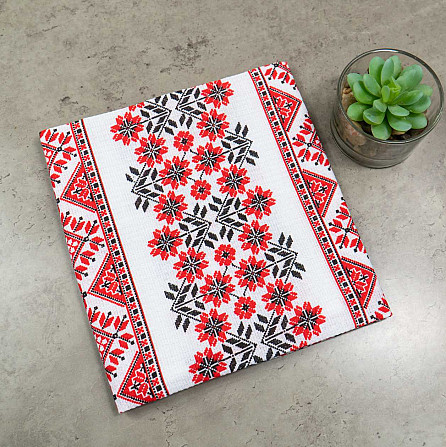 Рушник вафельний з принтом вишивки та червоними квітами GM Textile 35х61см 180г/м2 (Біло-червоний) Суми - фото 3