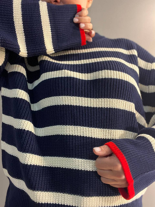 Свитер женский MIX RAY 6635 полоска оверсайз удлиненный свободный крой, темно-синий, one size Киев - изображение 10