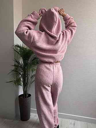 Жіноча стильна домашня плюшева піжама з вушками хутро тедді Пудра Одеса