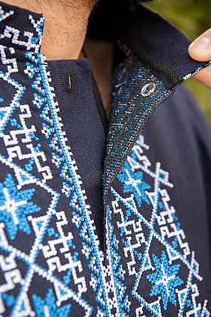 Вишиванка чоловіча, лляна, з довгим рукавом, темно-синя, лен  - , топ Київ