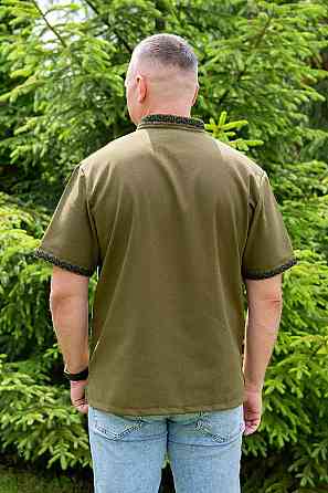 Вышиванка мужская, лен, короткий рукав,  хаки, топ Киев