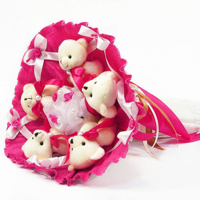 Букет з м'яких іграшок 5 ведмедиків 5292IT малиновий Вінниця - фото 1