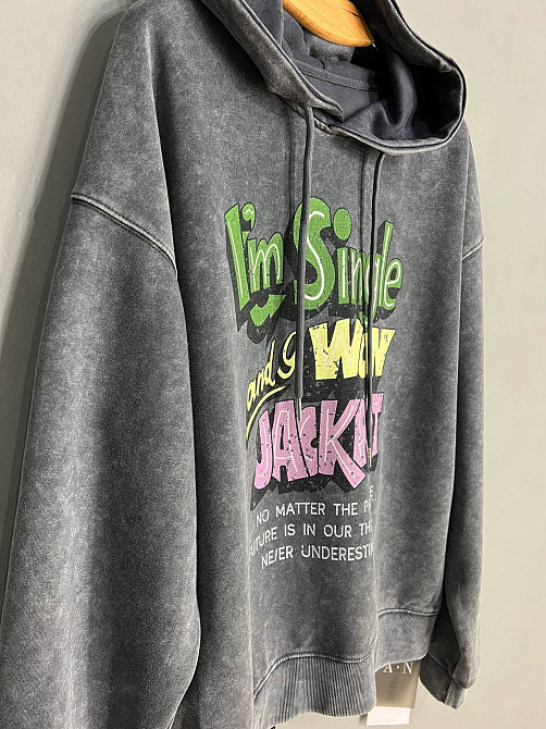 Худи женский A-N 25040 удлиненный оверсайз с капюшоном вареный дай цветная надпись впереди one size, графит, one size Киев - изображение 13