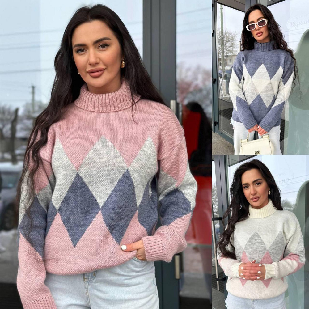 Жіночий в'язаний светр із високою горловиною триколірний.  42-48р Київ - фото 1