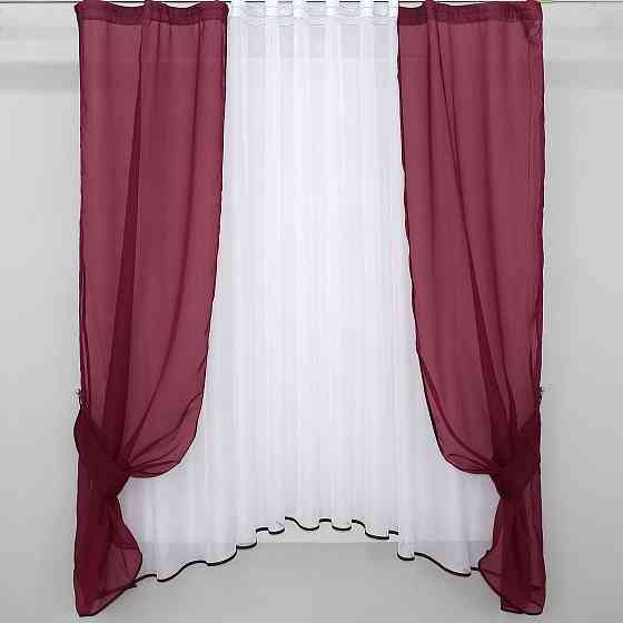 Кухонний комплект VR-Textil № 051к тюль і шторки з підв'язками бордовий з білим 280х170 см (50-437) Київ