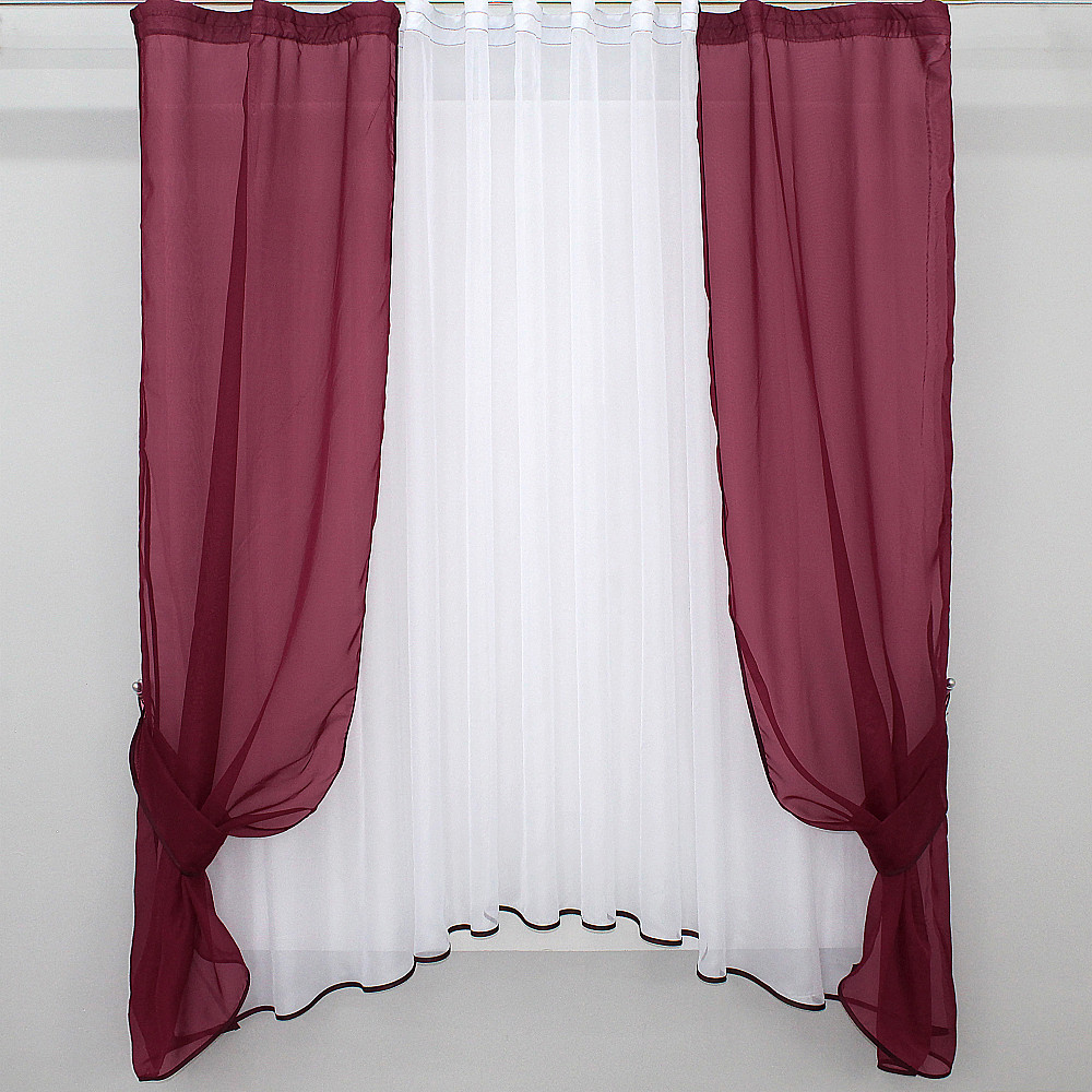 Кухонний комплект VR-Textil № 051к тюль і шторки з підв'язками бордовий з білим 280х170 см (50-437) Київ - фото 1