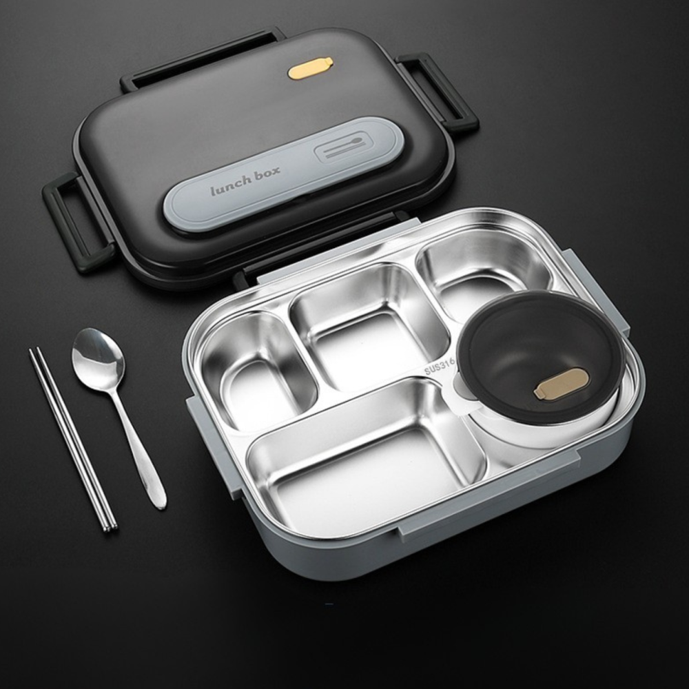 Ланч-бокс для горячей и холодной еды с контейнером из нержавеющей стали,столовыми приборами и ёмкостью для супа, чёрный Каменец-Подольский - изображение 8