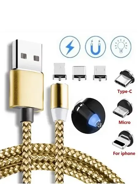 Магнітний кабель для зарядки телефону та планшету 3в1 з круглими роз'ємами (Micro, Lightning, Type-C) M3 Золотистий Одеса - фото 1