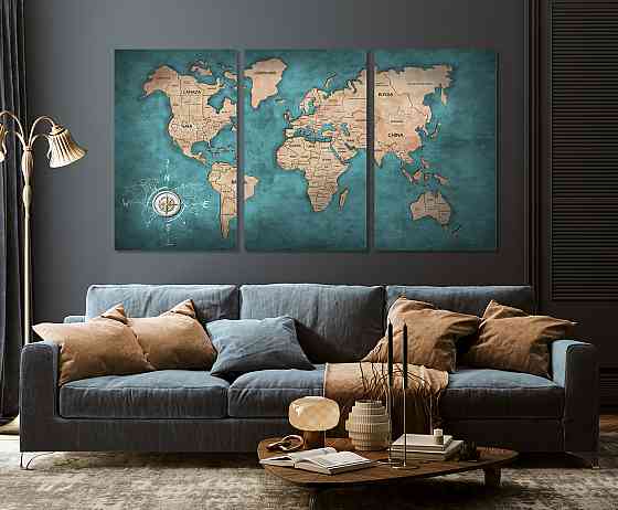 Модульна картина у вітальню/ спальню     Мапа світу      ART-054_3A 70х130 см Київ