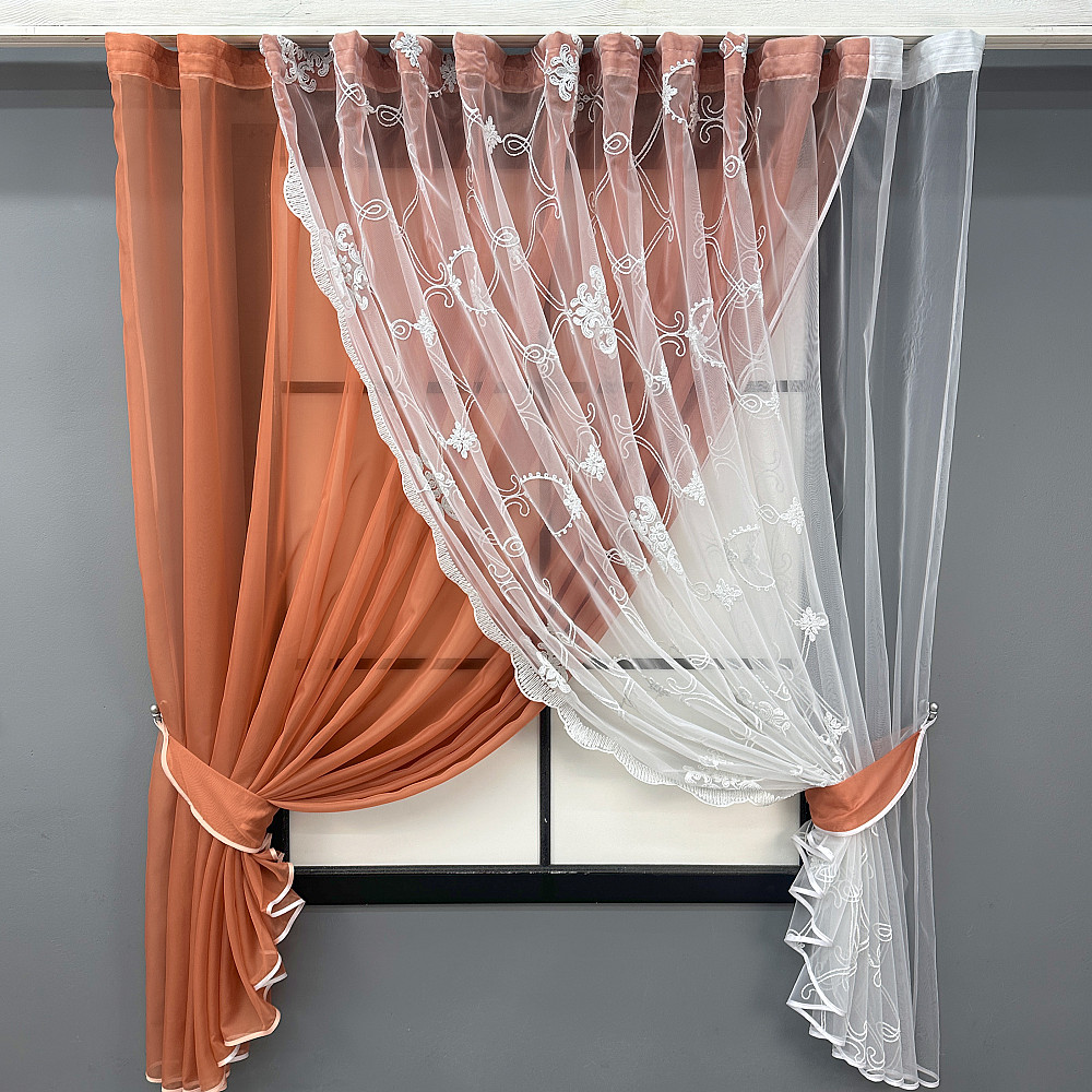 Кухонные шторки VR-Textil № 101к с подвязками коралловый с белым 330х170 см (52-1191) Киев - изображение 1