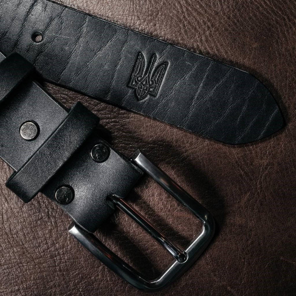 Мужской кожаный ремень для джинсов, кожаный пояс из натуральной кожи с тиснением Герб, черныйMasterSem Киев - изображение 1