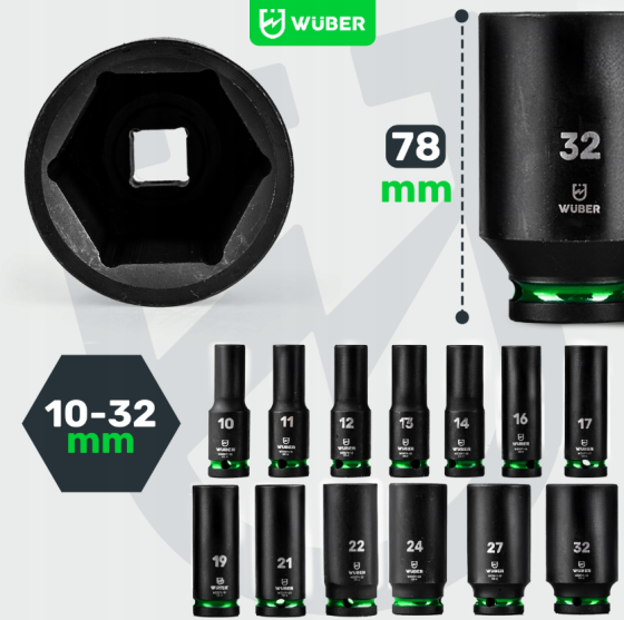 Набір ударних торцевих головок 1/2» 10-32мм 13шт. Wuber (Польща) Київ