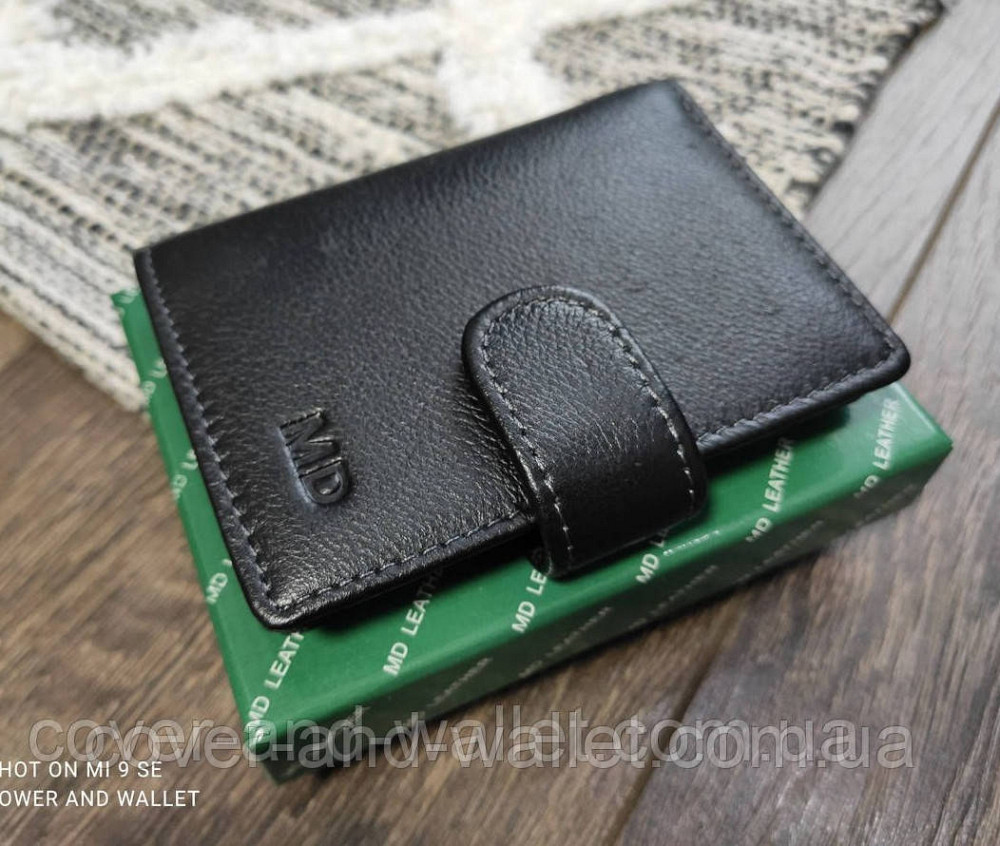 Чорна маленька візитниця з натуральної шкіри на кнопці MD Leather MD 708-A Київ - фото 1