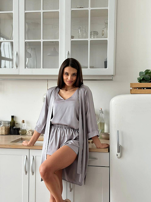Халат жіночий шовковий під пояс довжина 90см Сірий XL/2XL Харків - фото 4
