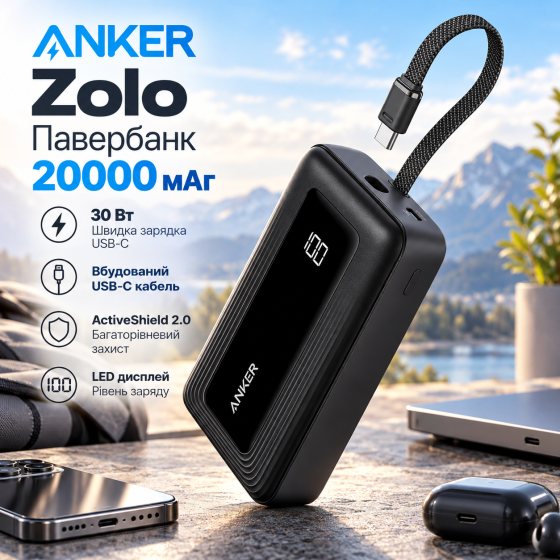 Повербанк Anker Zolo 20000 мАч 30 Вт, быстрая зарядка USB-C, встроенный кабель, ActiveShield 2.0, черный Киев
