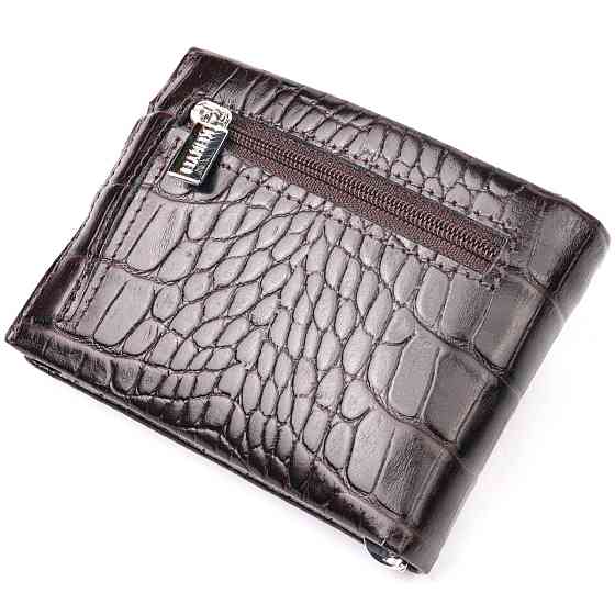 Функціональний чоловічий затиск із натуральної лакованої фактурної шкіри під крокодила KARYA 21044 Коричневий Київ